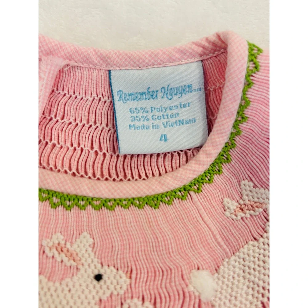 Remember Nguyen Girls Pink Gingham Smocked Bunny Easter Dress Size 4 Flutter